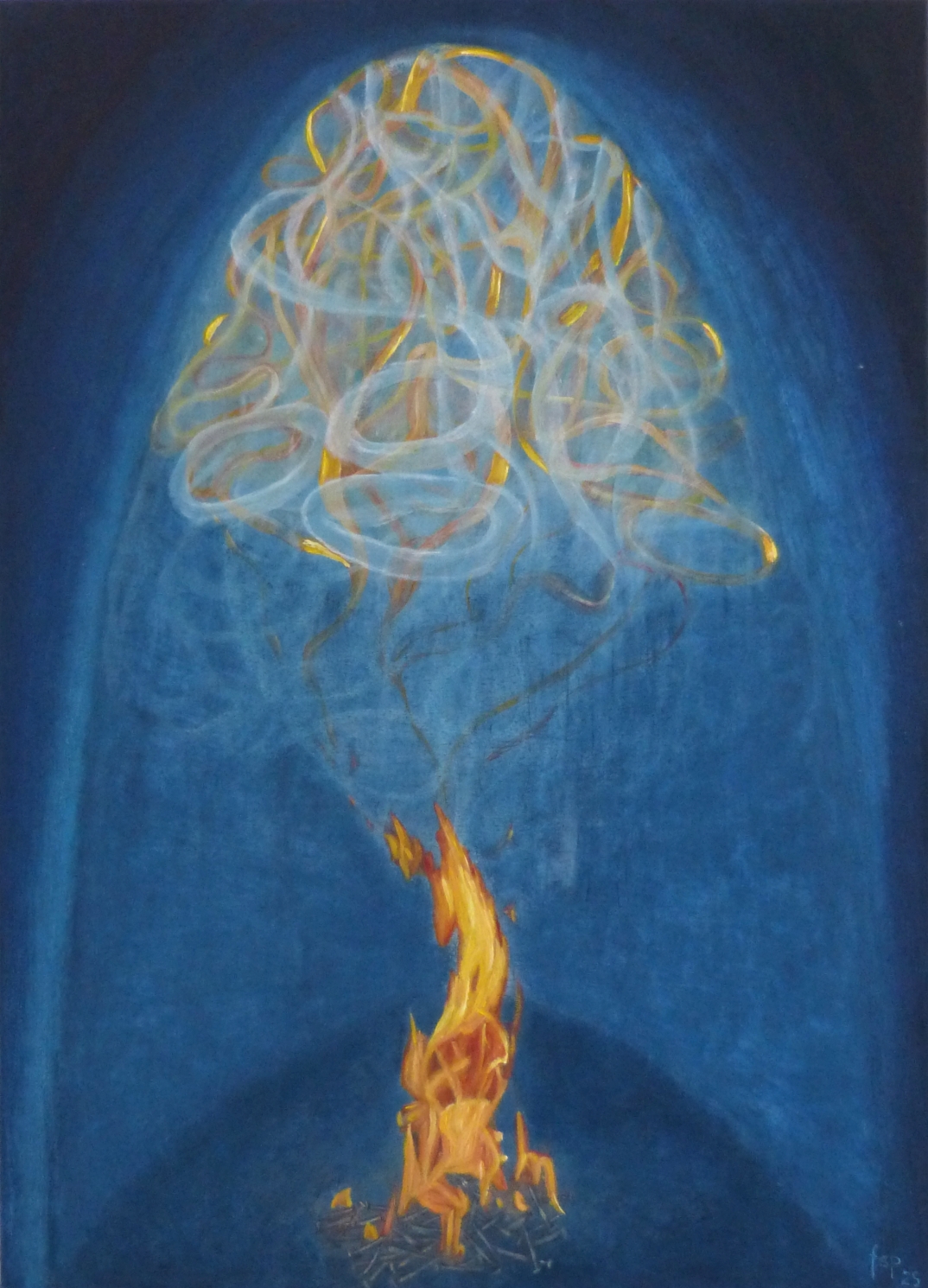 Gemälde "Feuersymphonie" von Fernanda Steiner-Pulimeno: Ein leuchtendes, orange-gelbes Feuer am unteren Bildrand, aus dem dynamische, weiss-gelbe, schleifenförmige Linien wie Rauch oder Energie nach oben in einen tiefblauen, kapellenartigen Raum steigen.