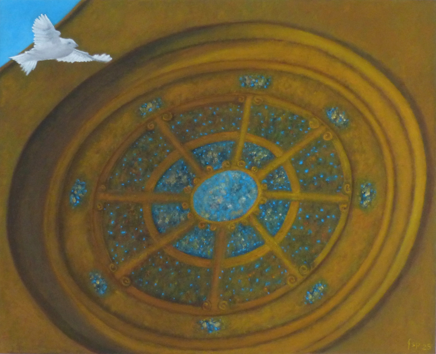 Gemälde "Himmelsfenster" von Fernanda Steiner-Pulimeno: Blick auf ein grosses, rundes Fenster, das wie ein sternenbesetzter, blauer Nachthimmel aussieht; eine weisse Taube fliegt links oben durch das Bild.