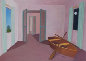 Gemälde "Morgen und Abend" von Fernanda Steiner-Pulimeno: Ein surrealer Innenraum in Rosatönen, der links durch ein Fenster den blauen Tag und rechts durch ein Fenster die dunkle Nacht mit Mond zeigt; im Raum liegt ein braunes Ruderboot.