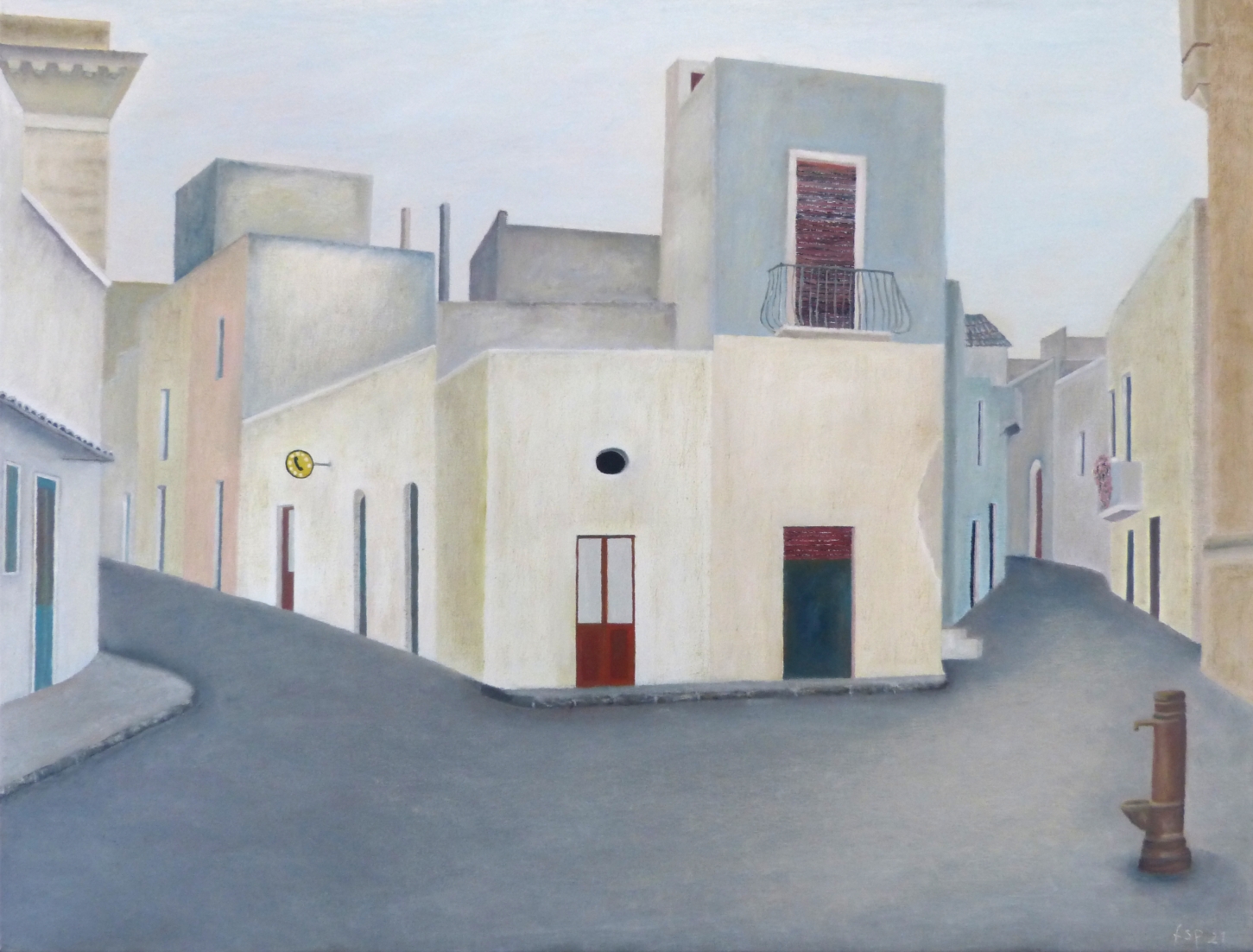 Gemälde "Piazza" von Fernanda Steiner-Pulimeno: Darstellung eines leeren, leicht ansteigenden Platzes (Piazza) in einem südländischen Ort, umgeben von kubischen, hellgelben und hellblauen Häusern mit wenigen Fenstern.