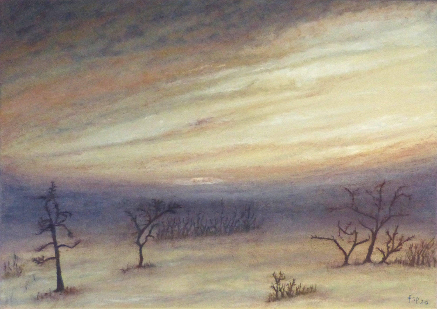 Gemälde "Steppenlandschaft" von Fernanda Steiner-Pulimeno: Eine melancholische, weite Landschaft im Abendlicht mit kahlen Bäumen und gedämpften Brauntönen unter einem dramatischen, hellgelb-orangen Himmel.