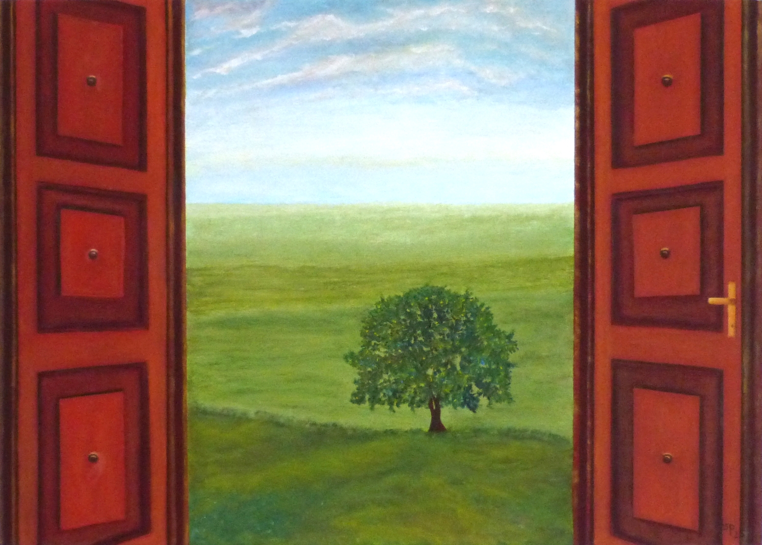 Gemälde "Türe zur Natur" von Fernanda Steiner-Pulimeno: Zwei offene, rote Türen rahmen eine grüne Wiesenlandschaft mit einem einzelnen Baum unter einem weiten, blauen Himmel ein.