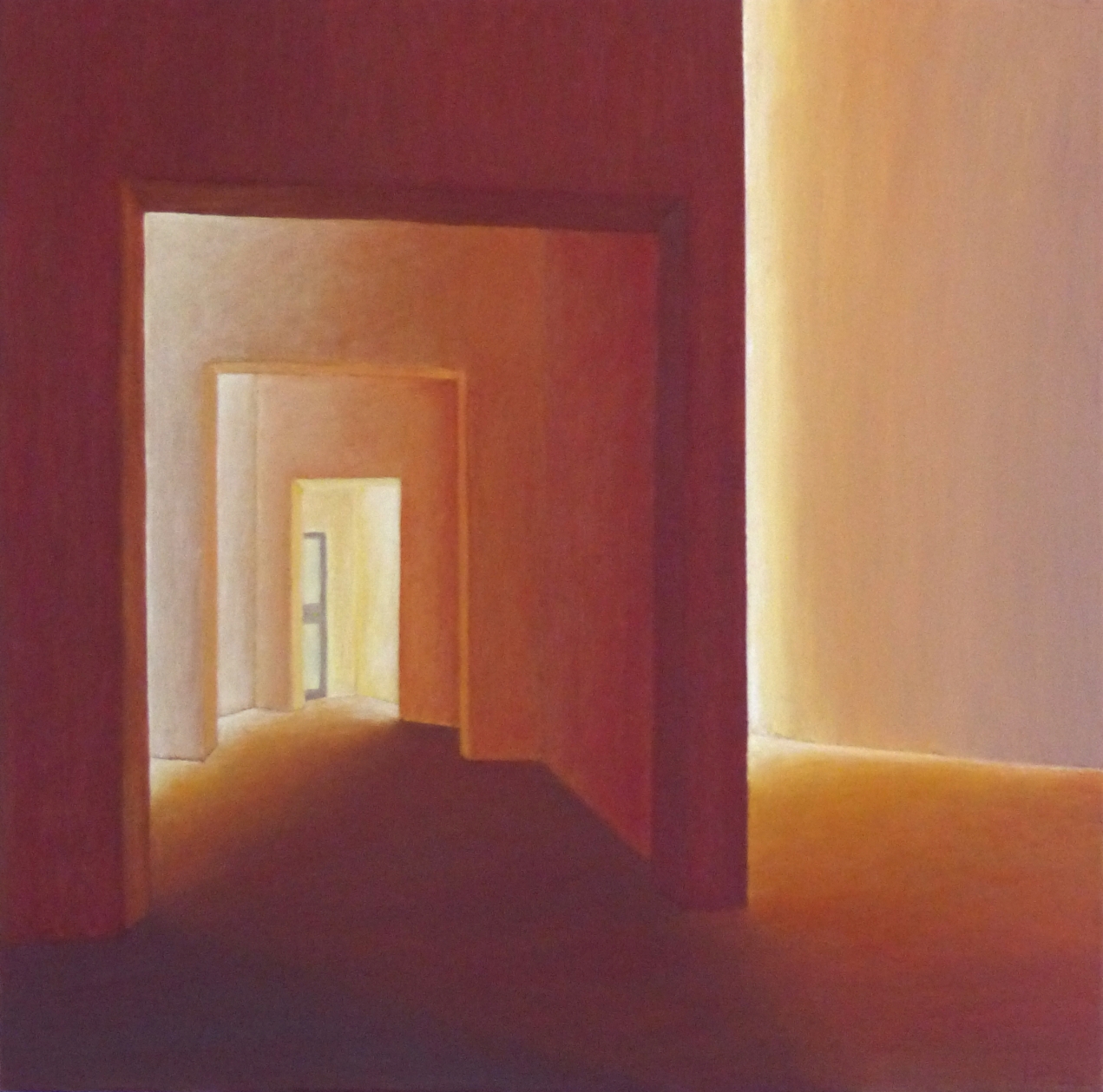 «Wege ins Licht» ist ein Gemälde von Fernanda Steiner-Pulimeno. Symmetrische Folge von Türrahmen und Durchgängen in warmen Farben; Lichtquelle im hintersten Raum erzeugt Schattenverläufe und betont Tiefe und Fluchtpunkt.