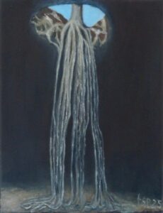 „Wurzelwerk“ ist ein surrealistisches Gemälde von Fernanda Steiner-Pulimeno. Lange Wurzeln wachsen durch eine Lichtöffnung in eine Höhle.