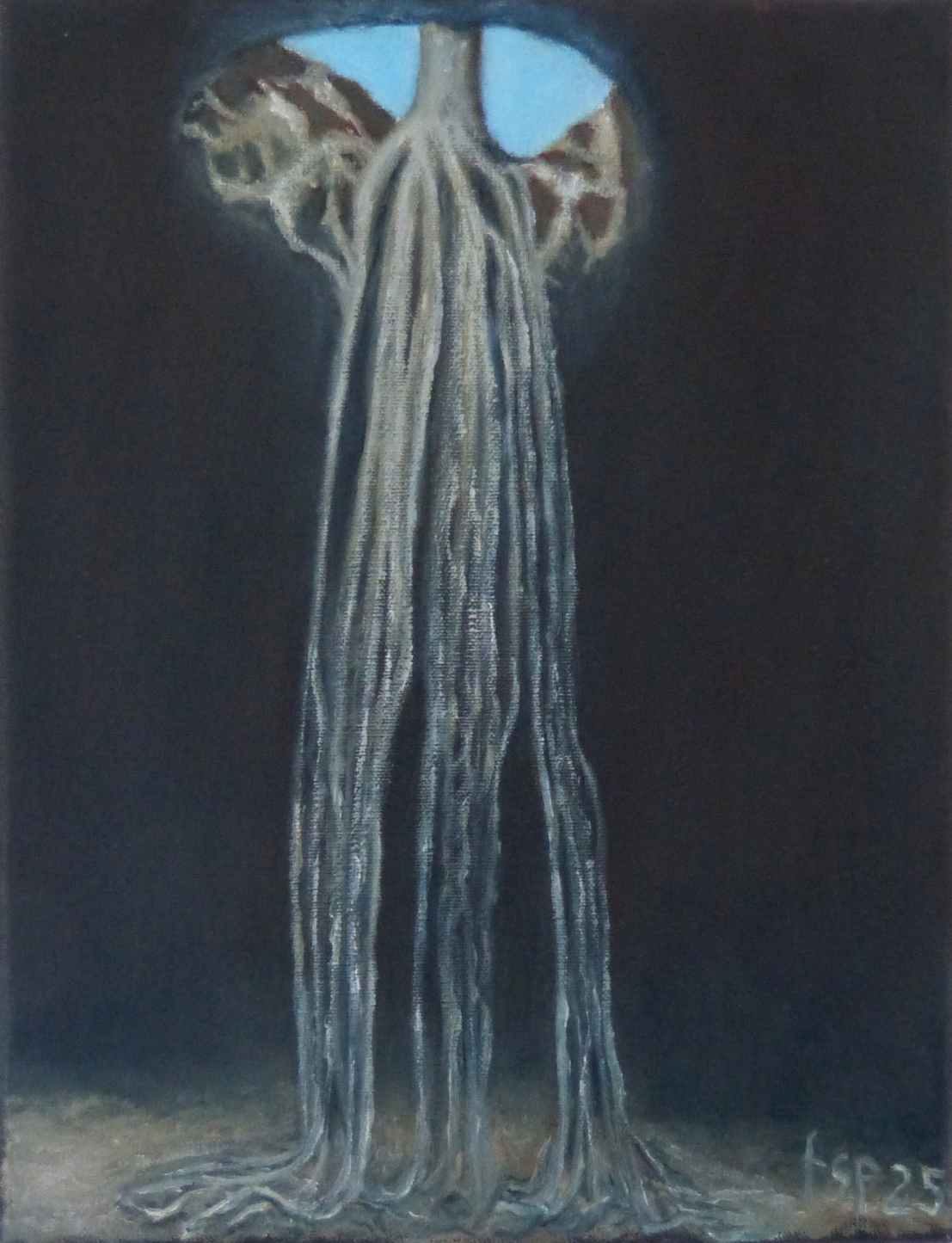 „Wurzelwerk“ ist ein surrealistisches Gemälde von Fernanda Steiner-Pulimeno. Lange Wurzeln wachsen durch eine Lichtöffnung in eine Höhle.